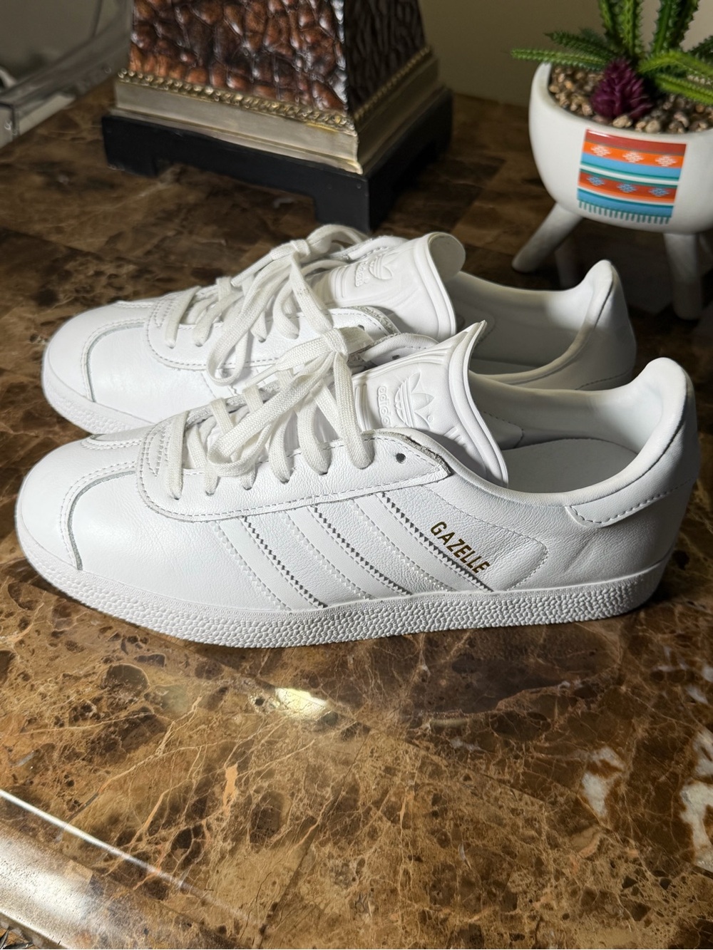 adidas Gazelle White Leather Sneakers with Gold Logo